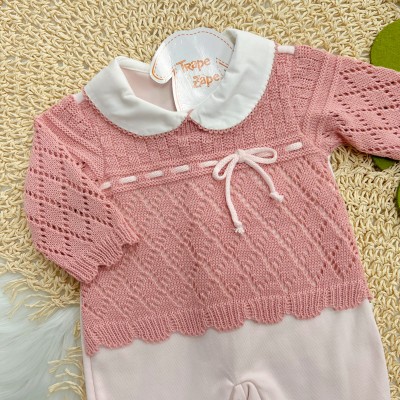 Macacão Beth Bebê de malha com tricot Renda - Rose